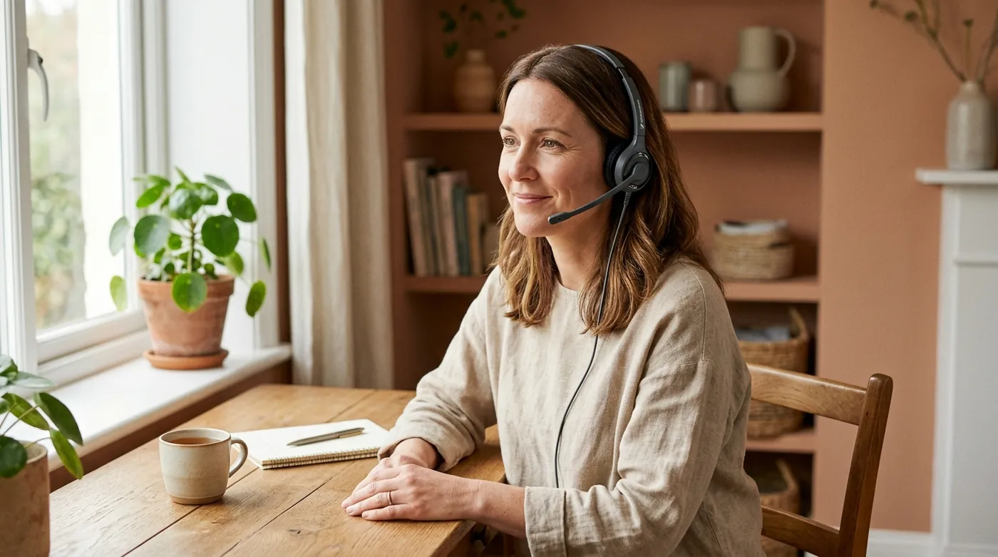 Une conseillère avec un casque téléphonique, attentive, à son bureau.