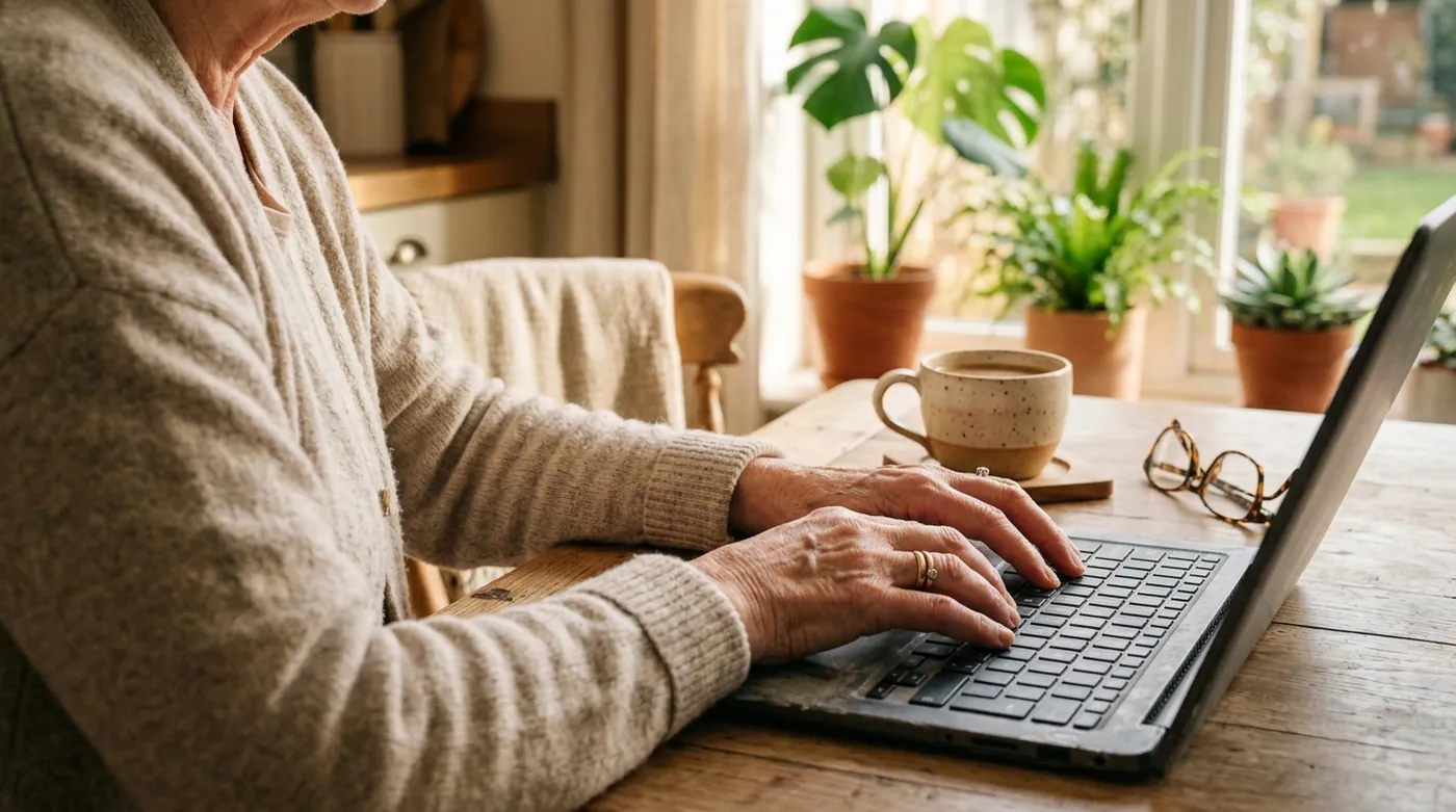 Les mains d'une personne âgée sur le clavier d'un ordinateur portable, dans une cuisine ensoleillée.